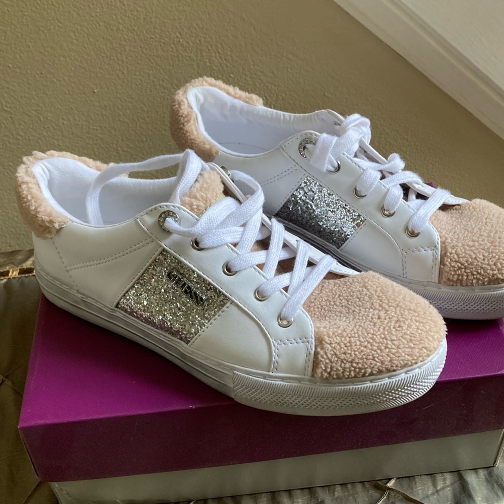 Guess White and Silver Glitter Sneakers with Tan Faux Fur Upper Accents
